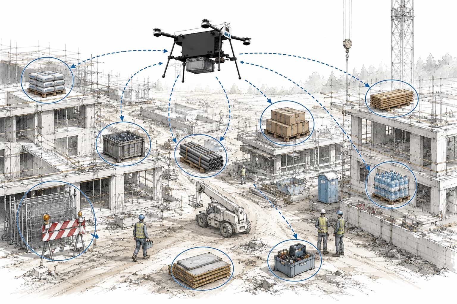 Transport drone logistics workflow for construction and infrastructure